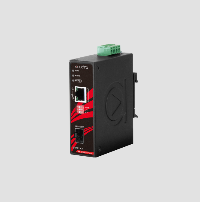 Compact Industrial Gigabit IEEE 802.3bt Ethernet-to-Fiber Media Converter